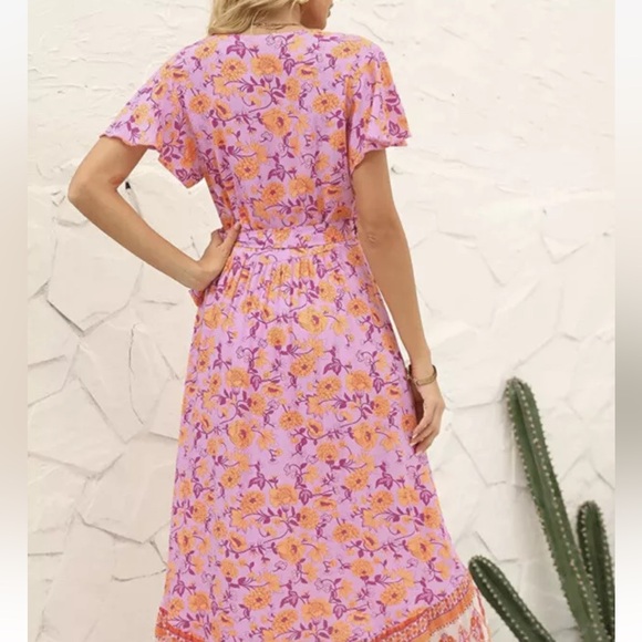 ZESICA WOMEN'S PINK ORANGE FLORAL PRINT WRAP DRESS BOHO BEACH FLOWY - Picture 2 of 6